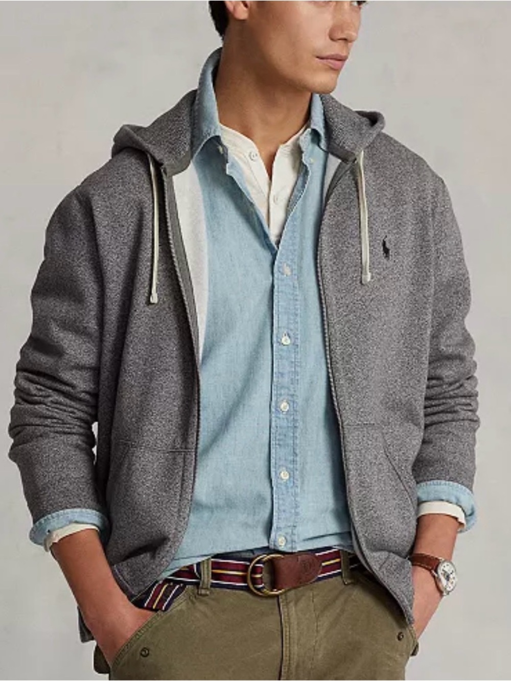 Polo Ralph Lauren Hoodie Gray Full Zip Hooded Pockets Logo Sweatshirt FLAW